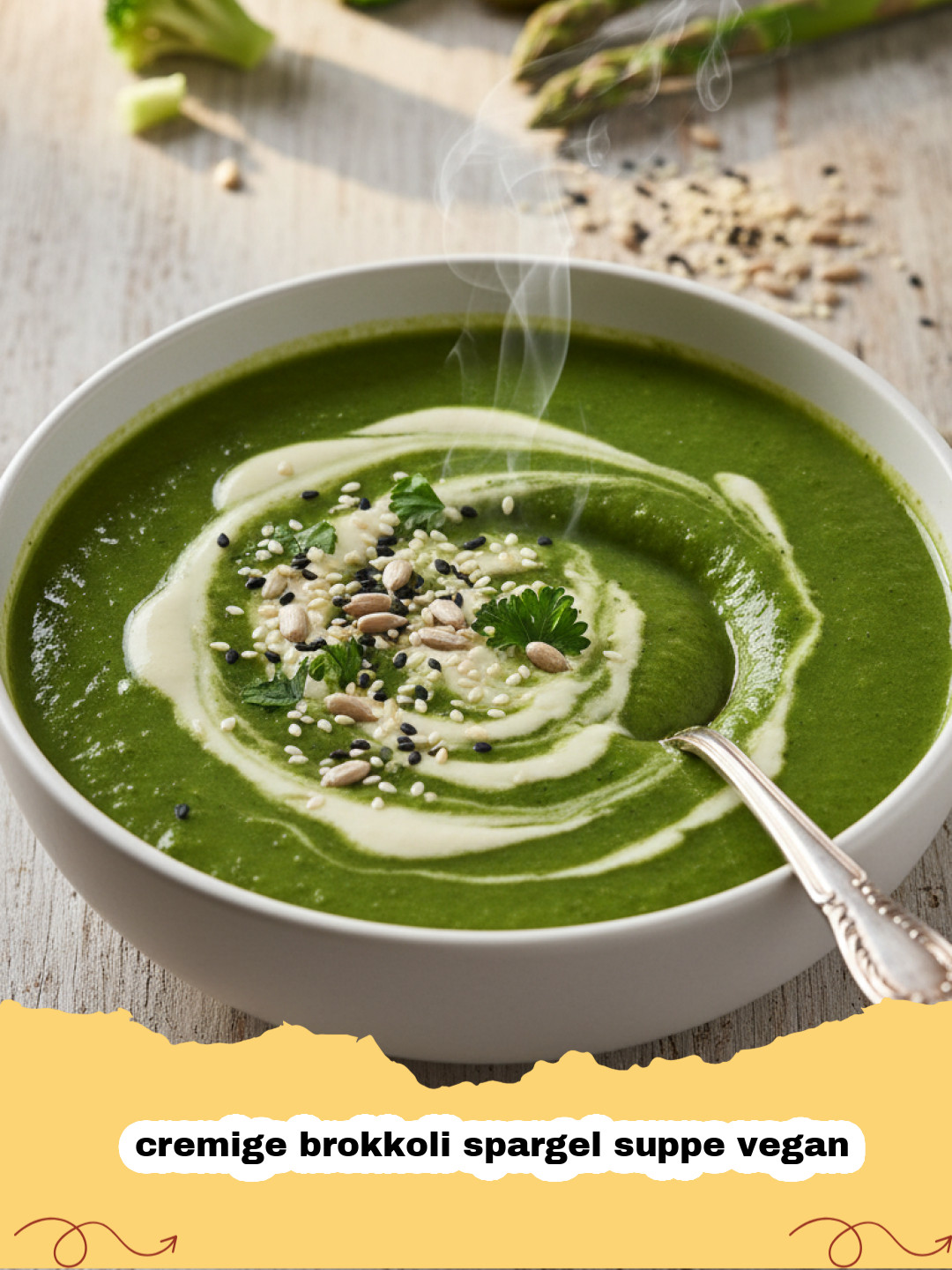 cremige brokkoli spargel suppe vegan - Schale mit cremiger Brokkoli Spargel Suppe (vegan), garniert mit frischen Kräutern
