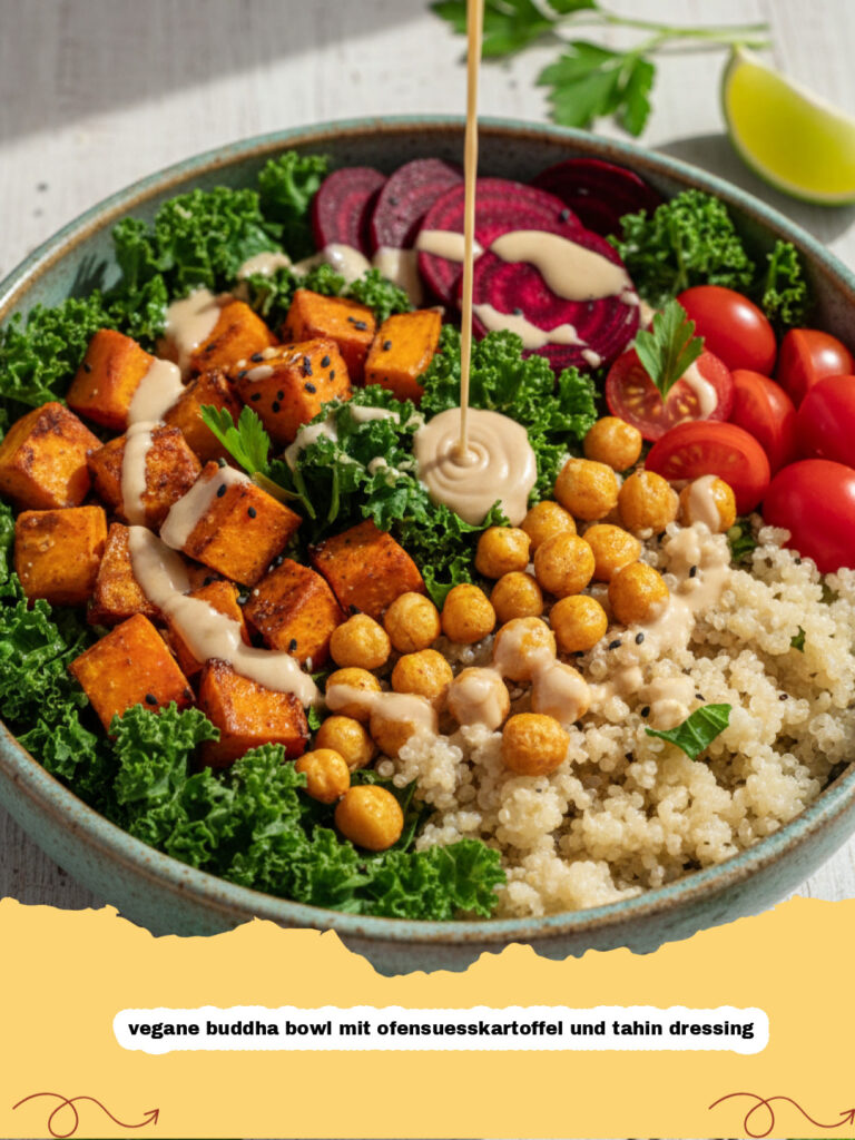 vegane buddha bowl mit ofensuesskartoffel und tahin dressing - Eine farbenfrohe vegane Buddha Bowl mit Ofensüßkartoffeln, Kichererbsen, frischem Gemüse und Tahin-Dressing auf einem Holztisch.