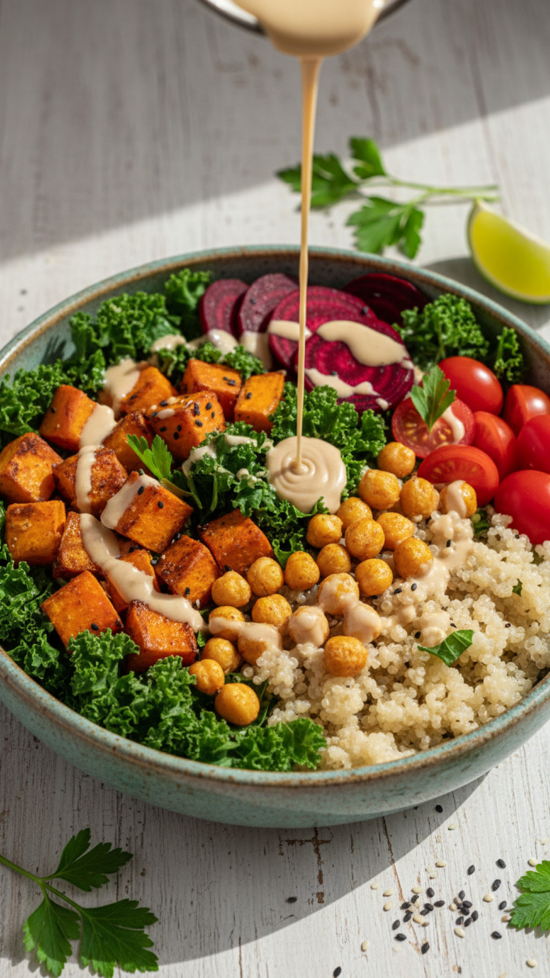 Vegane Buddha Bowl mit Ofensüßkartoffel und Tahin-Dressing Preparation