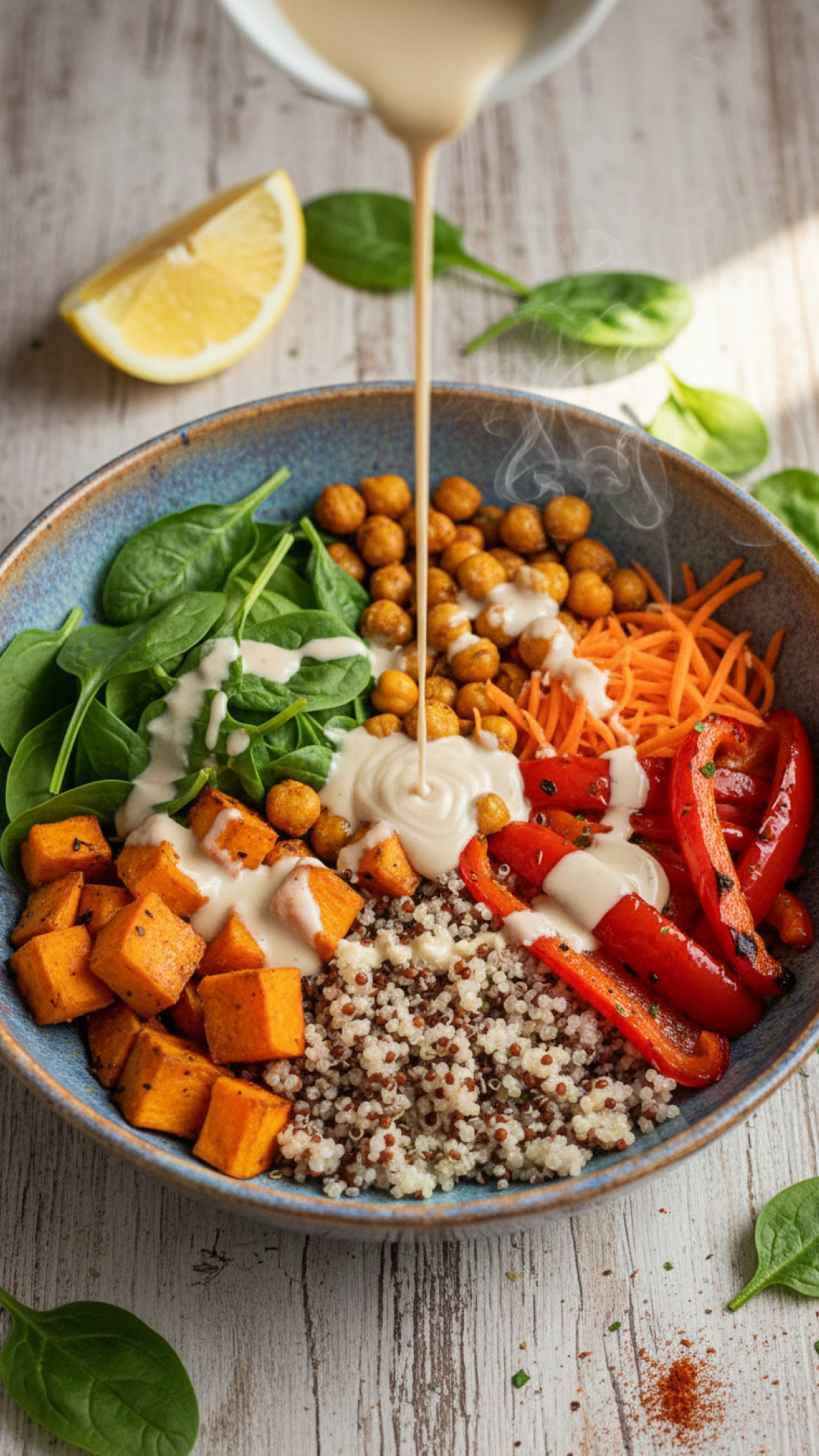 Vegane Buddha Bowl mit Quinoa und geröstetem Gemüse Preparation
