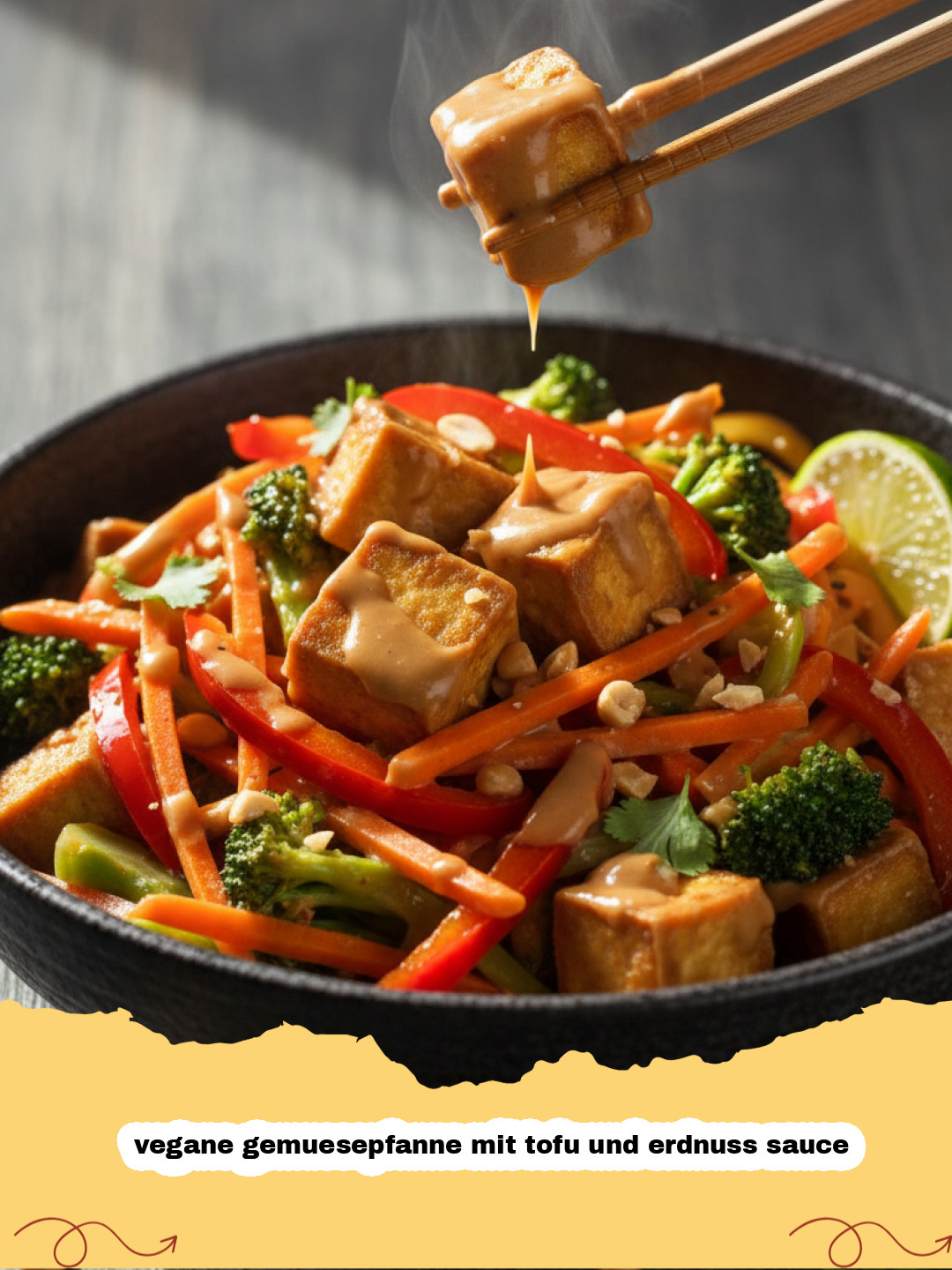 vegane gemuesepfanne mit tofu und erdnuss sauce - Eine köstliche vegane Gemüspfanne mit Tofu und cremiger Erdnusssauce in einer Schüssel, garniert mit Koriander und Erdnüssen.