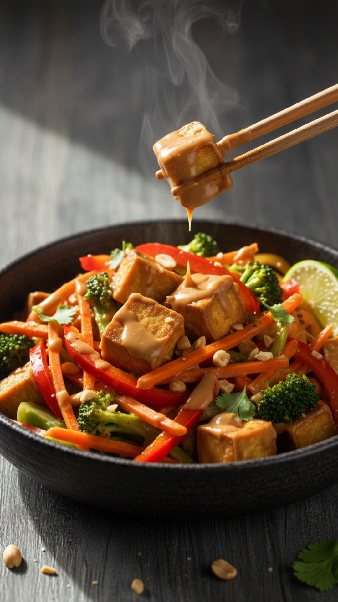 Vegane Gemüspfanne mit Tofu und Erdnusssauce Preparation