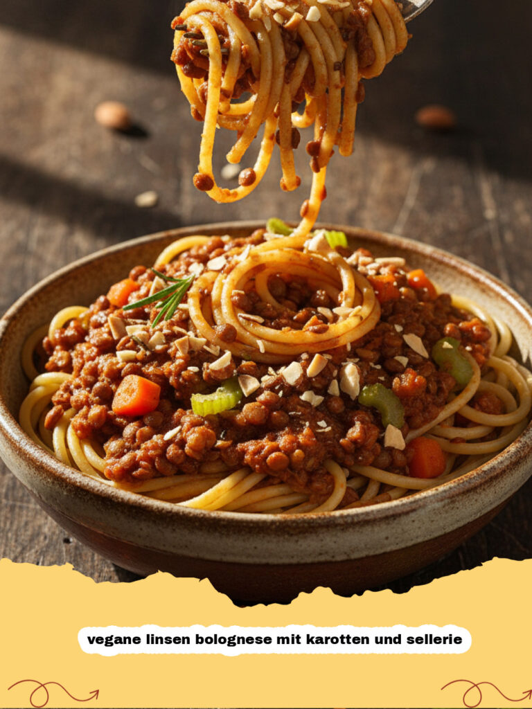 Ein Teller Spaghetti mit einer reichhaltigen vegane linsen bolognese mit karotten und sellerie, garniert mit frischem Basilikum.