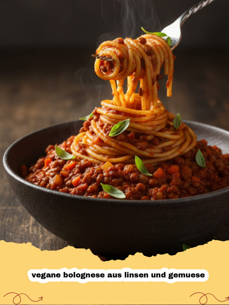 vegane bolognese aus linsen und gemuese - Eine dampfende Schüssel vegane Bolognese aus Linsen und Gemüse, serviert mit Vollkornspaghetti und frischem Basilikum.