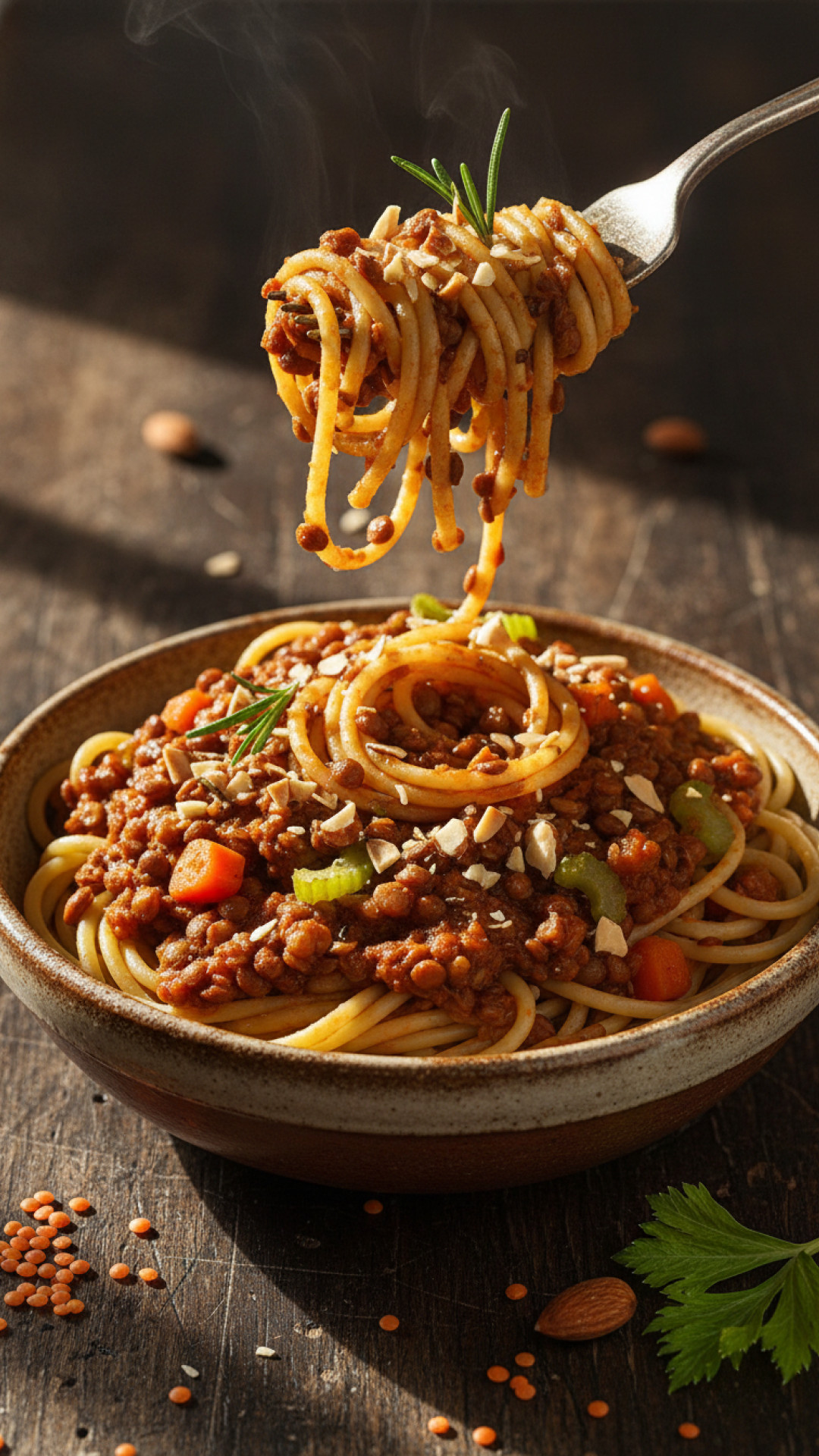 Vegane Linsen Bolognese mit Karotten und Sellerie Preparation