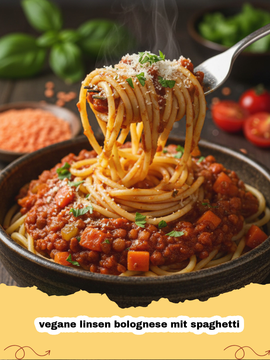 vegane linsen bolognese mit spaghetti - Eine große Schüssel mit dampfenden Spaghetti, bedeckt mit reichhaltiger veganer Linsen Bolognese und frischem Basilikum