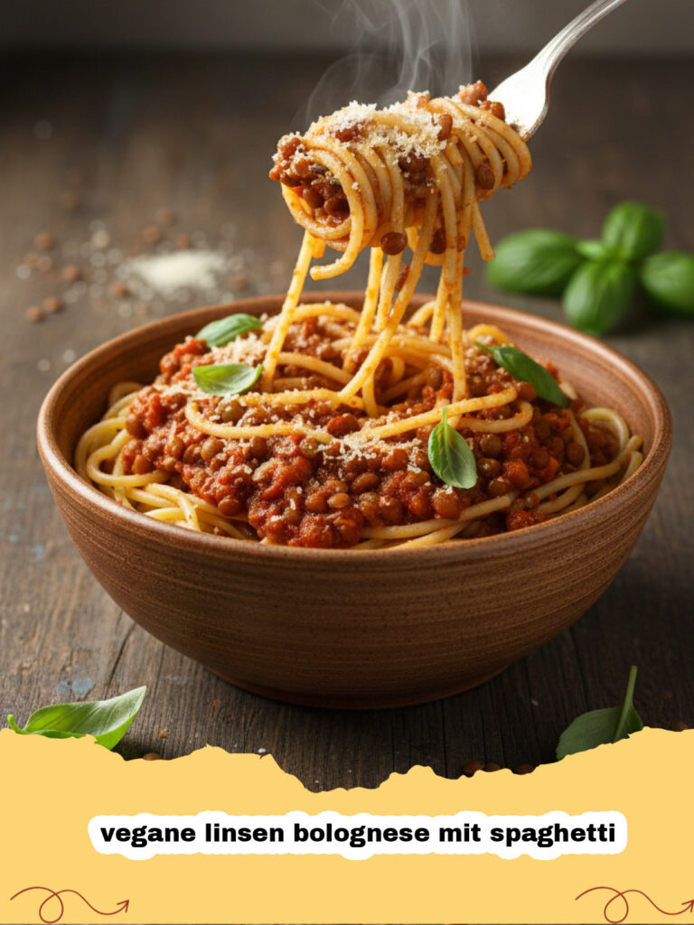 vegane linsen bolognese mit spaghetti - Eine große Schüssel Spaghetti mit Vegane Linsen Bolognese, garniert mit frischen Basilikumblättern.