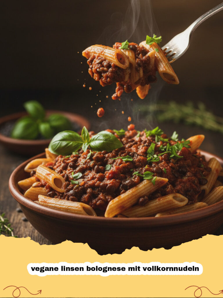 vegane linsen bolognese mit vollkornnudeln - Eine köstliche, herzhafte vegane Linsen Bolognese mit Vollkornnudeln in einer Schale, garniert mit frischer Petersilie.