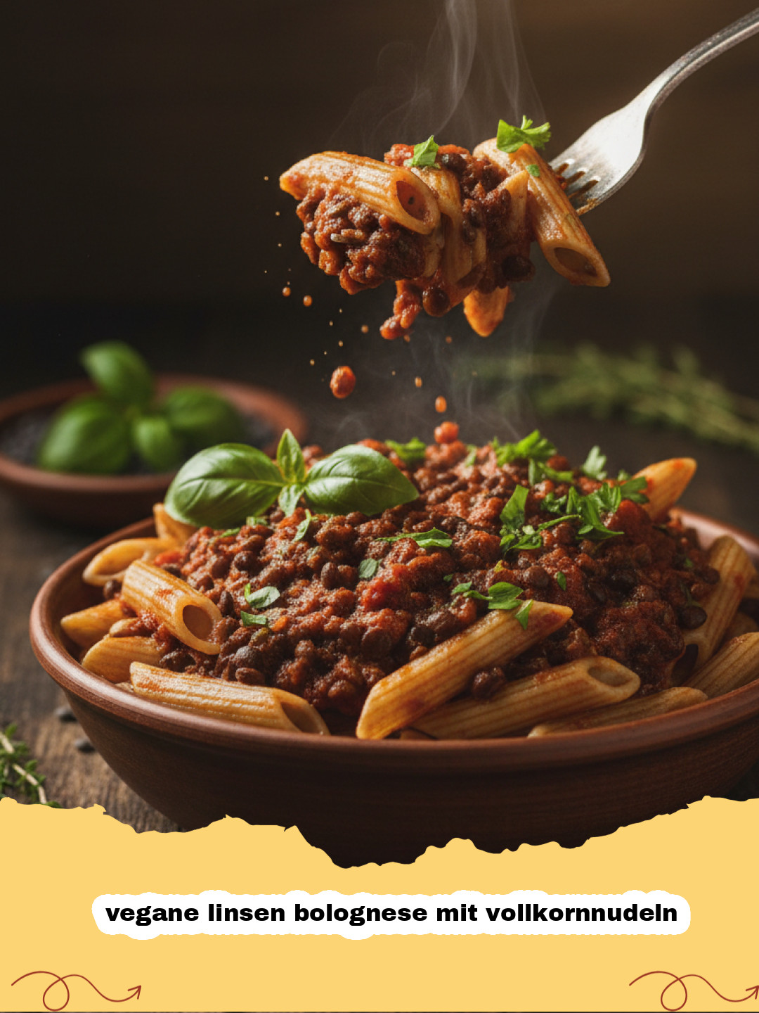 vegane linsen bolognese mit vollkornnudeln - Eine köstliche, herzhafte vegane Linsen Bolognese mit Vollkornnudeln in einer Schale, garniert mit frischer Petersilie.