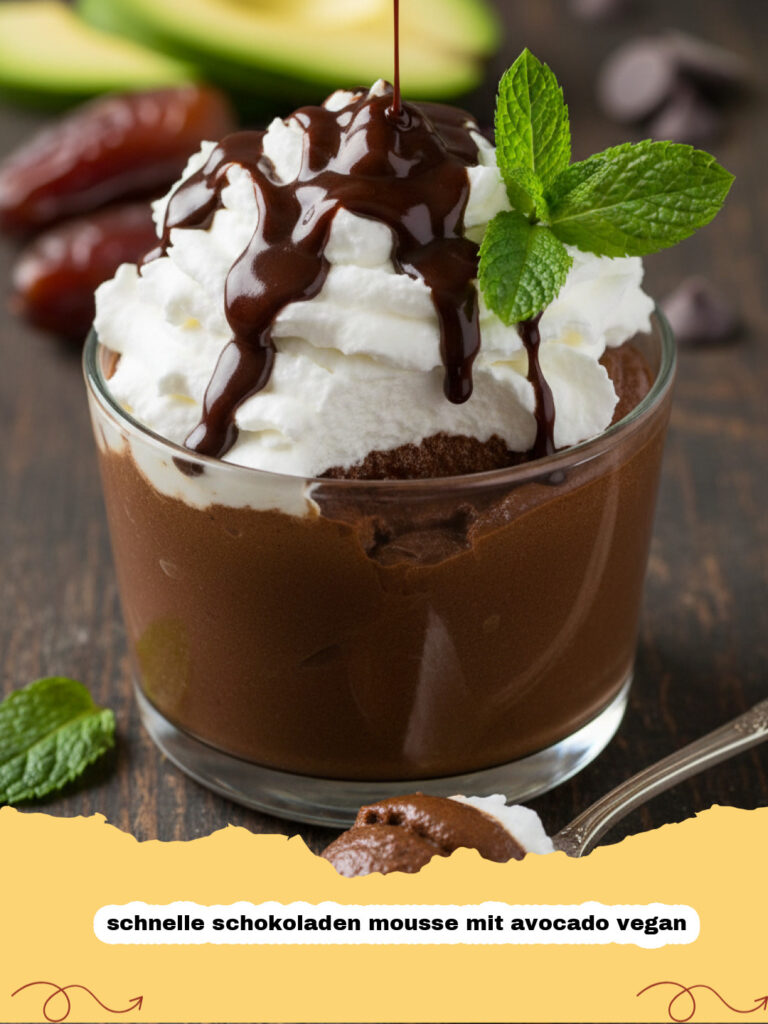 schnelle schokoladen mousse mit avocado vegan - Eine Nahaufnahme von einer cremigen, dunklen Schokoladen Mousse in einem Glas, garniert mit frischen Beeren und Minzblättern.