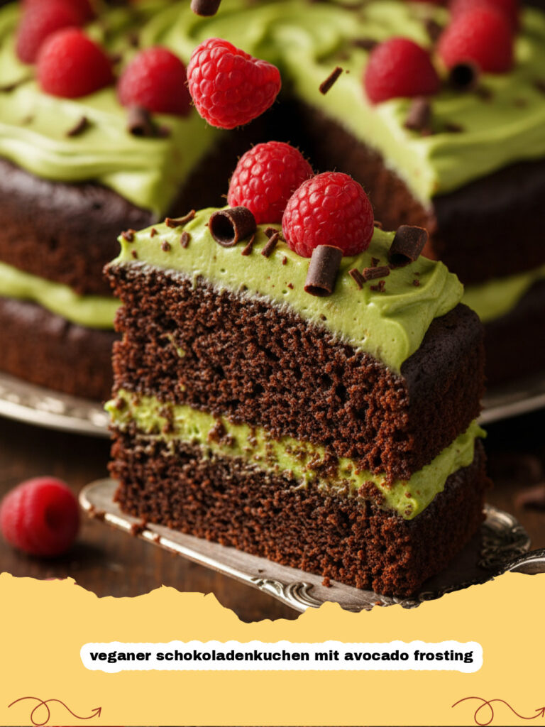 veganer schokoladenkuchen mit avocado frosting - Ein saftiger veganer Schokoladenkuchen mit cremigem, dunkelgrünem Avocado-Frosting, dekoriert mit Kakaonibs auf einem Holzbrett.