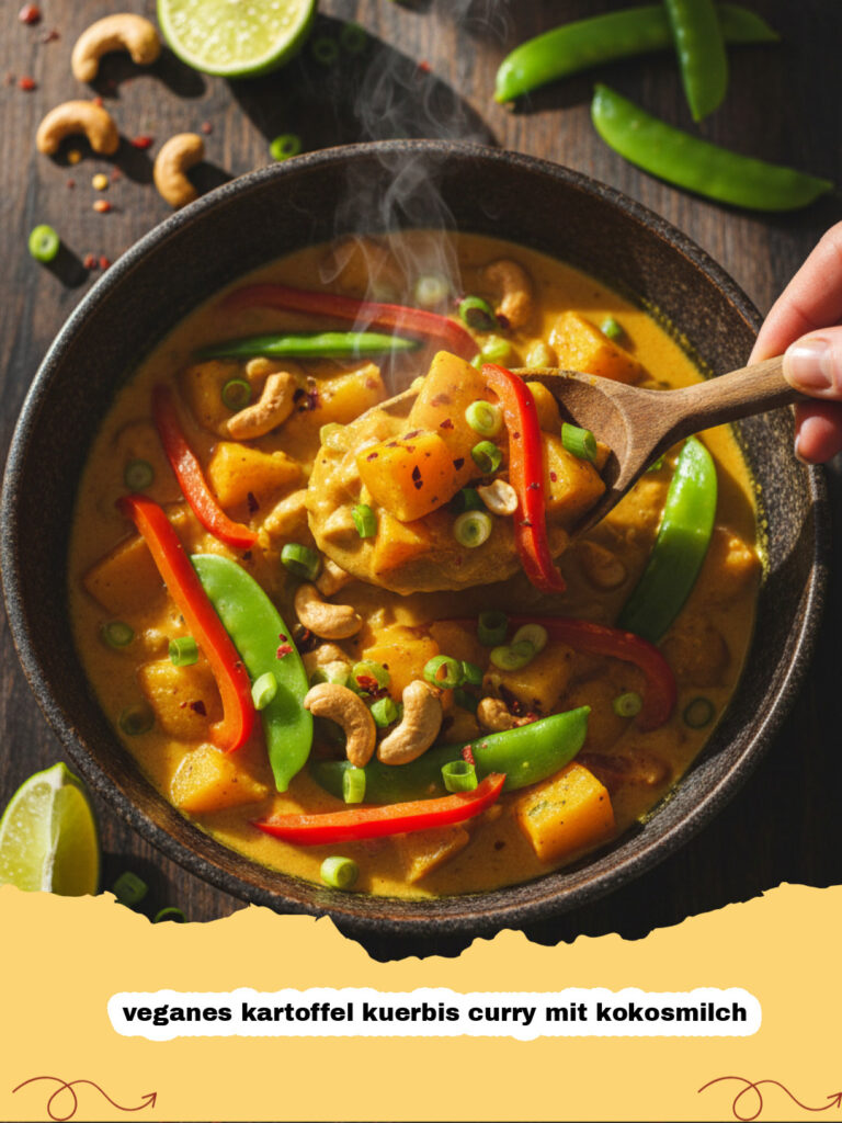veganes kartoffel kuerbis curry mit kokosmilch - Ein dampfendes veganes Kartoffel-Kürbis-Curry mit Kokosmilch in einer Schüssel, garniert mit frischem Koriander, daneben Reis.