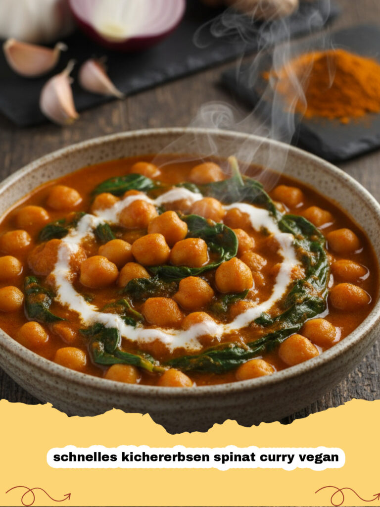 schnelles kichererbsen spinat curry vegan - Ein cremiges schnelles Kichererbsen Spinat Curry vegan in einer Schüssel mit Reis