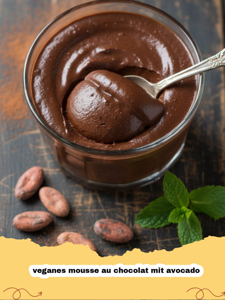 Cremiges veganes mousse au chocolat mit avocado in einer Glasschale mit Himbeeren obenauf