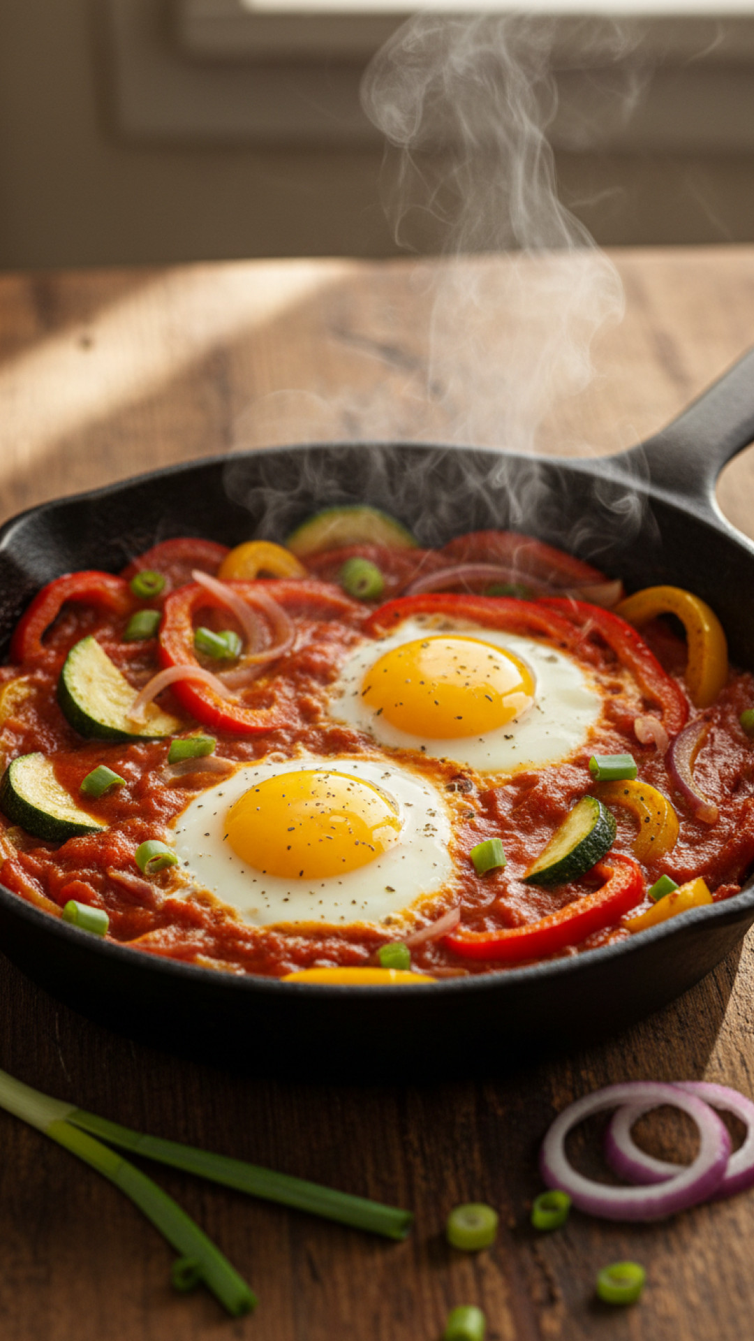 Vegetarische Frühstückspfanne mit Ei und Gemüse Preparation