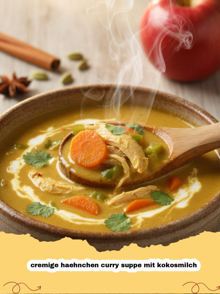 cremige haehnchen curry suppe mit kokosmilch - Schale mit cremiger Hähnchen Curry Suppe mit Kokosmilch, garniert mit frischem Koriander und Limettenspalte