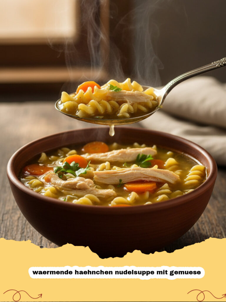 waermende haehnchen nudelsuppe mit gemuese - Eine dampfende Schüssel wärmende Hähnchen-Nudelsuppe mit Gemüse, garniert mit frischer Petersilie.