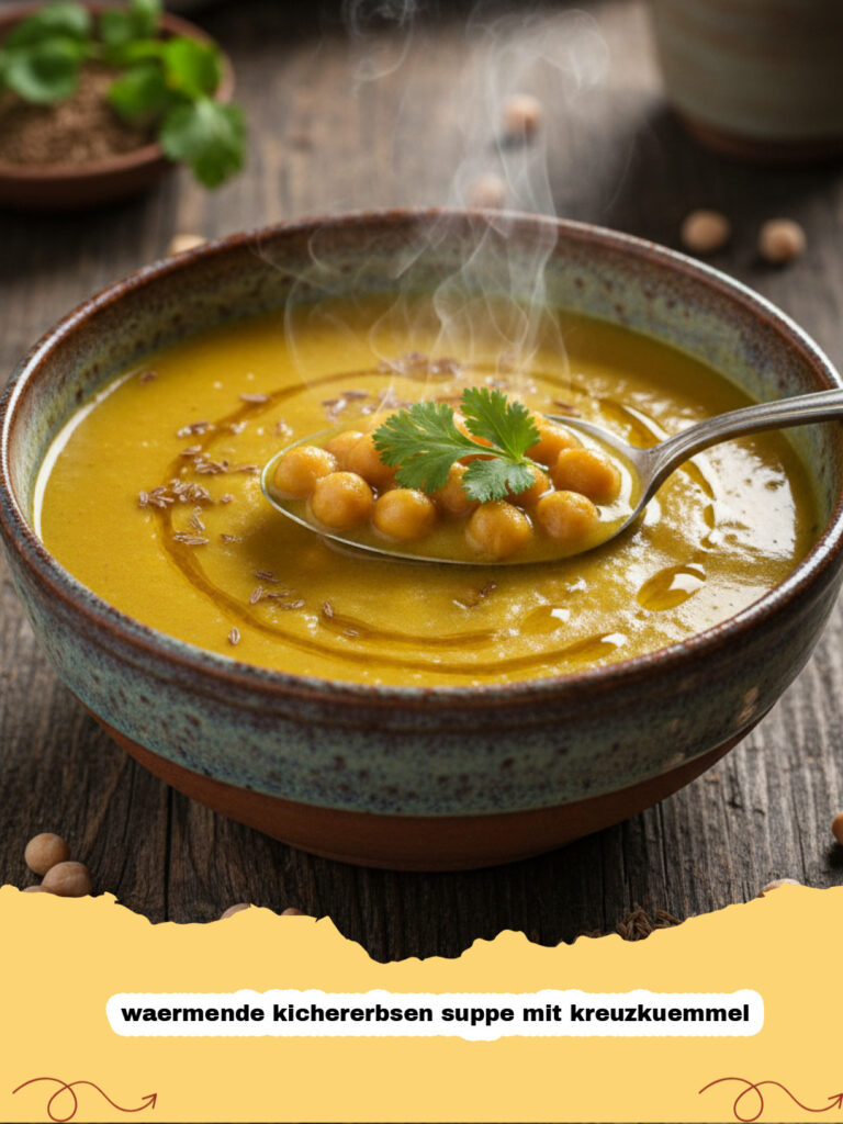 waermende kichererbsen suppe mit kreuzkuemmel - Schüssel mit dampfender Kichererbsen Suppe und Kreuzkümmel