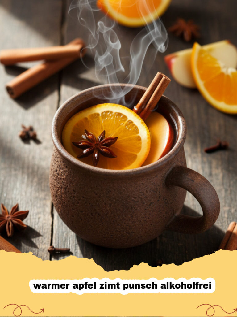 warmer apfel zimt punsch alkoholfrei - Ein dampfender warmer Apfel-Zimt-Punsch in einer durchsichtigen Tasse, dekoriert mit Zimtstange und Orangenscheiben.