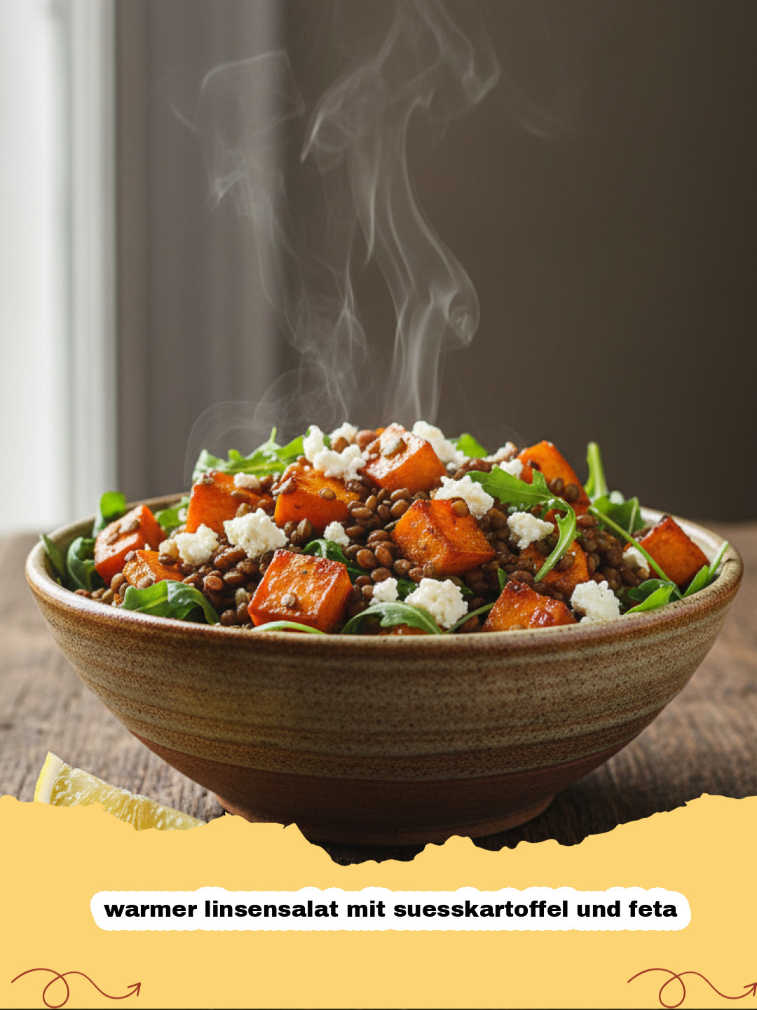 warmer linsensalat mit suesskartoffel und feta - Ein appetitlicher, warmer Linsensalat mit gerösteten Süßkartoffeln, Feta-Käse und frischen Kräutern in einer Servierschale.