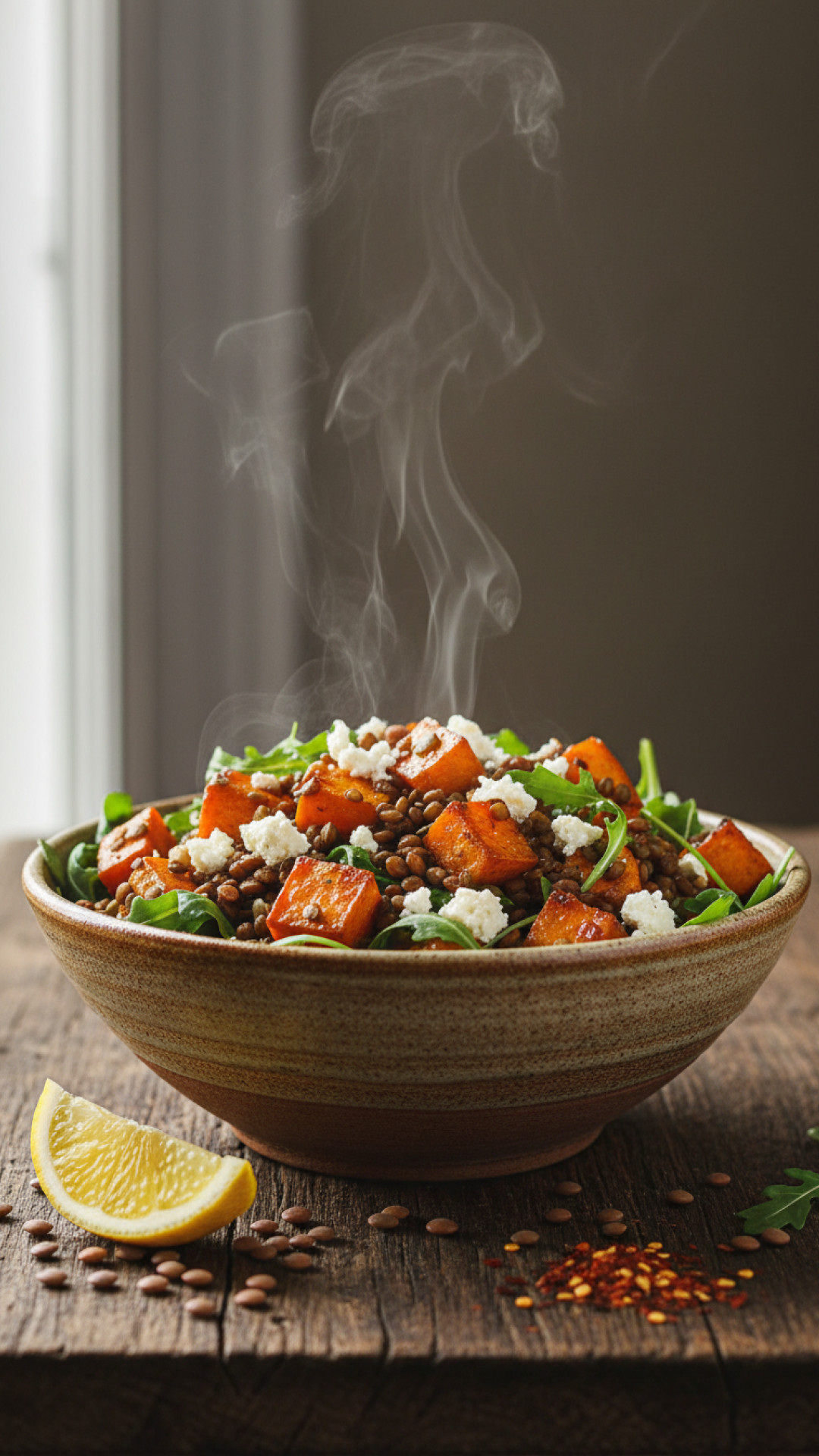 Warmer Linsensalat mit Süßkartoffel und Feta Preparation