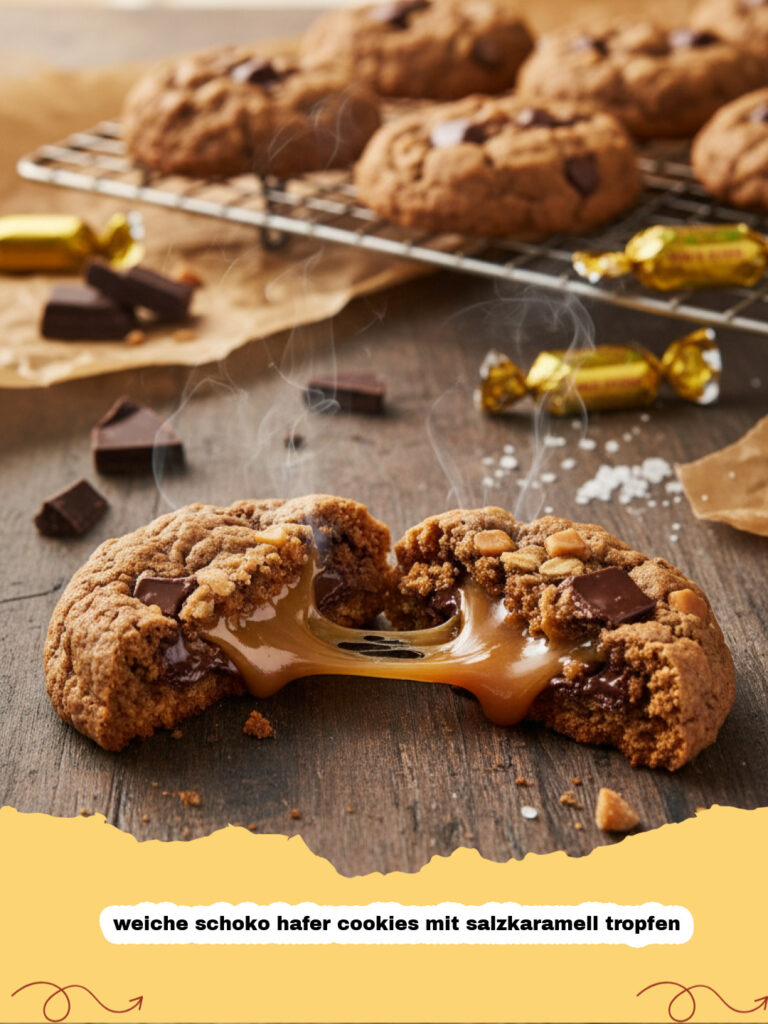 weiche schoko hafer cookies mit salzkaramell tropfen - Ein Stapel weicher Schoko Hafer Cookies mit geschmolzenen Salzkaramell Tropfen auf einem Holzbrett mit einer Tasse Kaffee im Hintergrund.