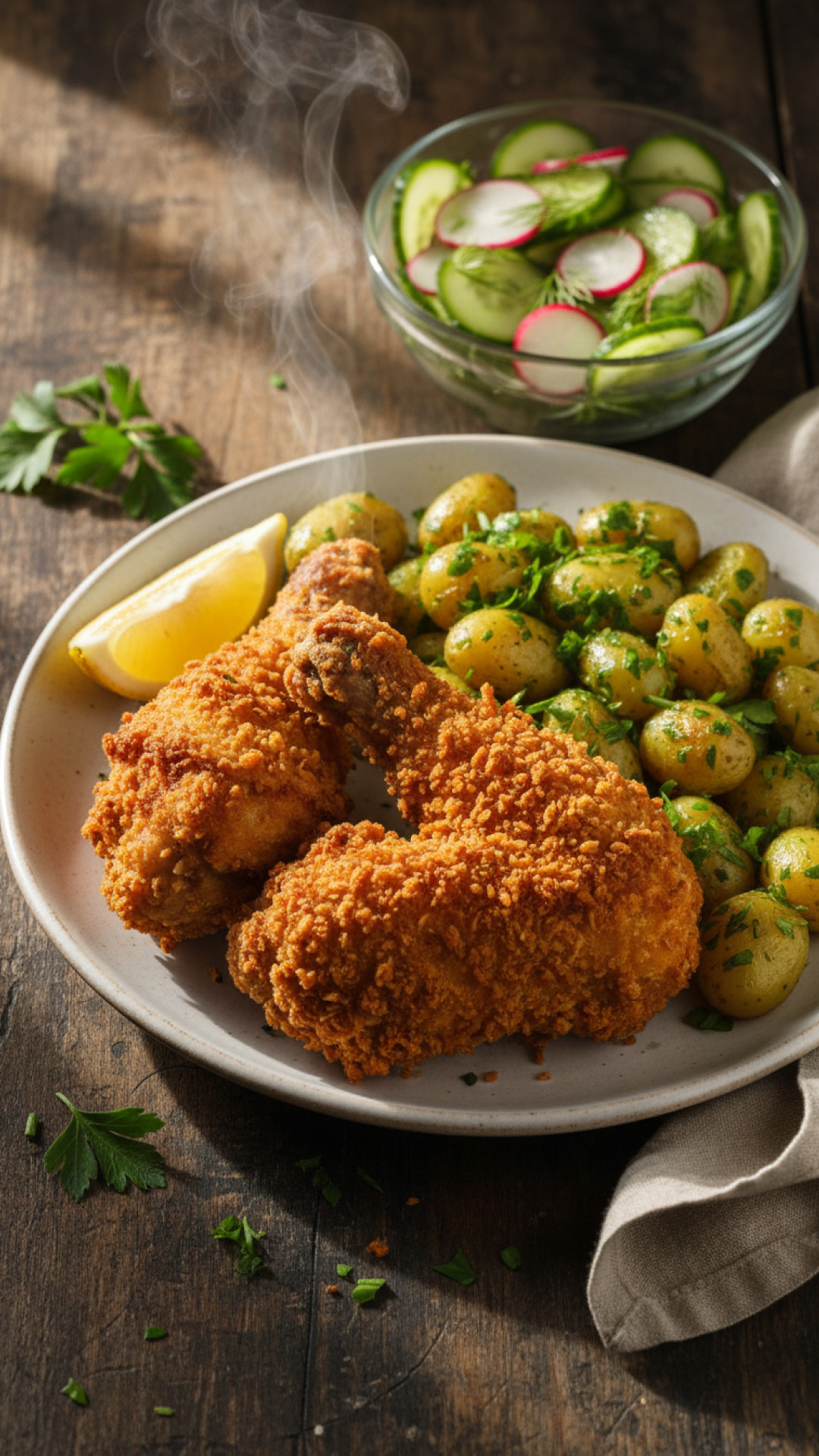 Wiener Backhendl mit Petersilienkartoffeln und Gurkensalat Preparation