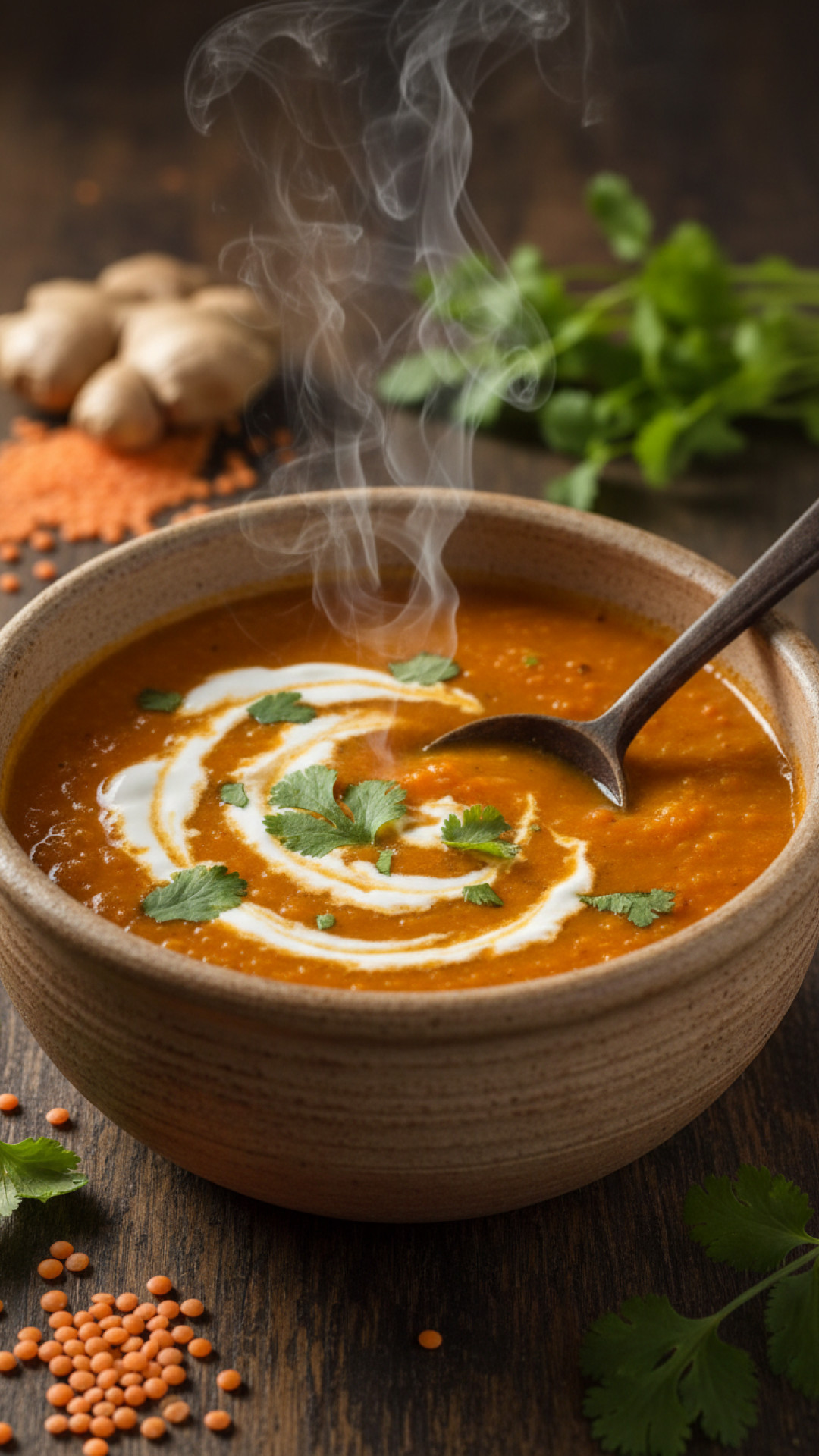 Wuerzige orientalische linsensuppe mit koriander Preparation