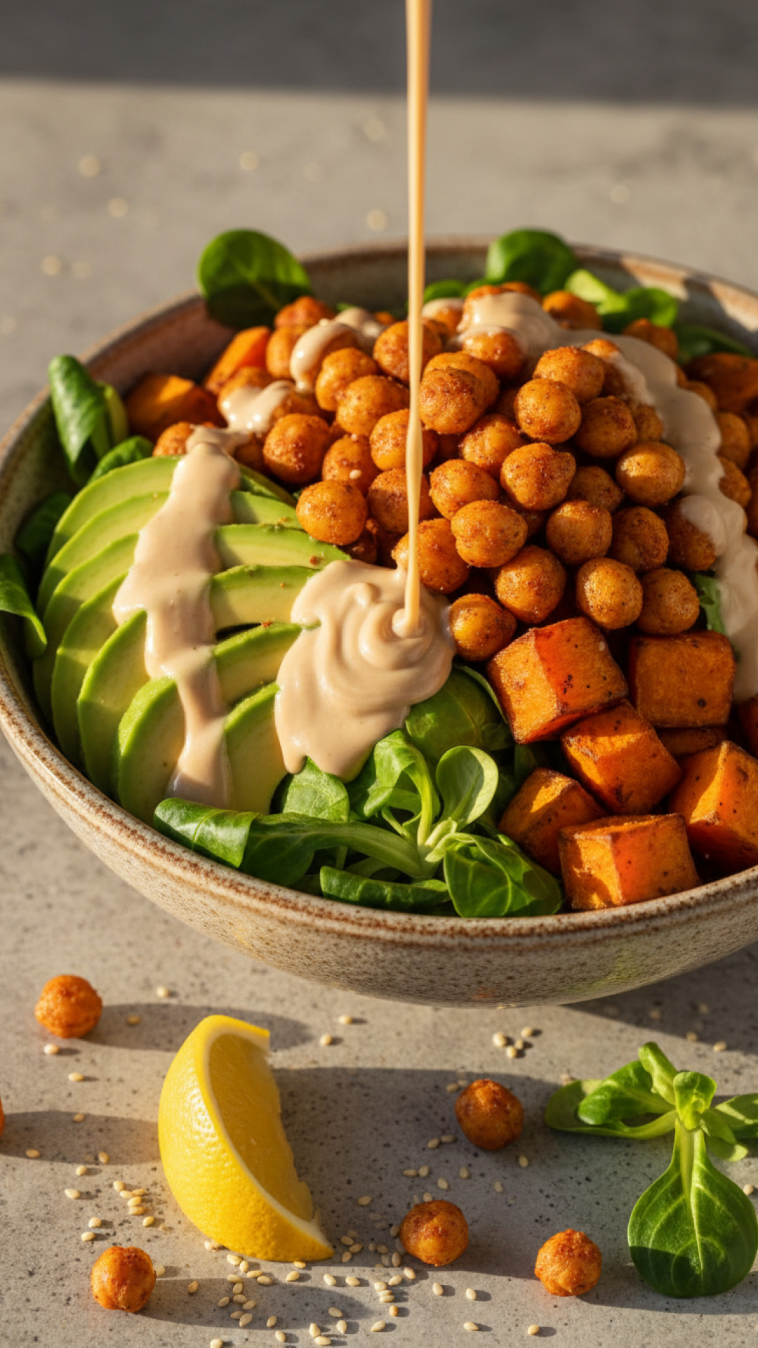 Würzige Kichererbsen Bowl mit Tahin Dressing Preparation