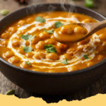 wuerziges kichererbsen curry mit kokosmilch - Ein dampfendes, würziges Kichererbsen Curry mit Kokosmilch in einer Schüssel, garniert mit frischem Koriander und serviert mit Reis.