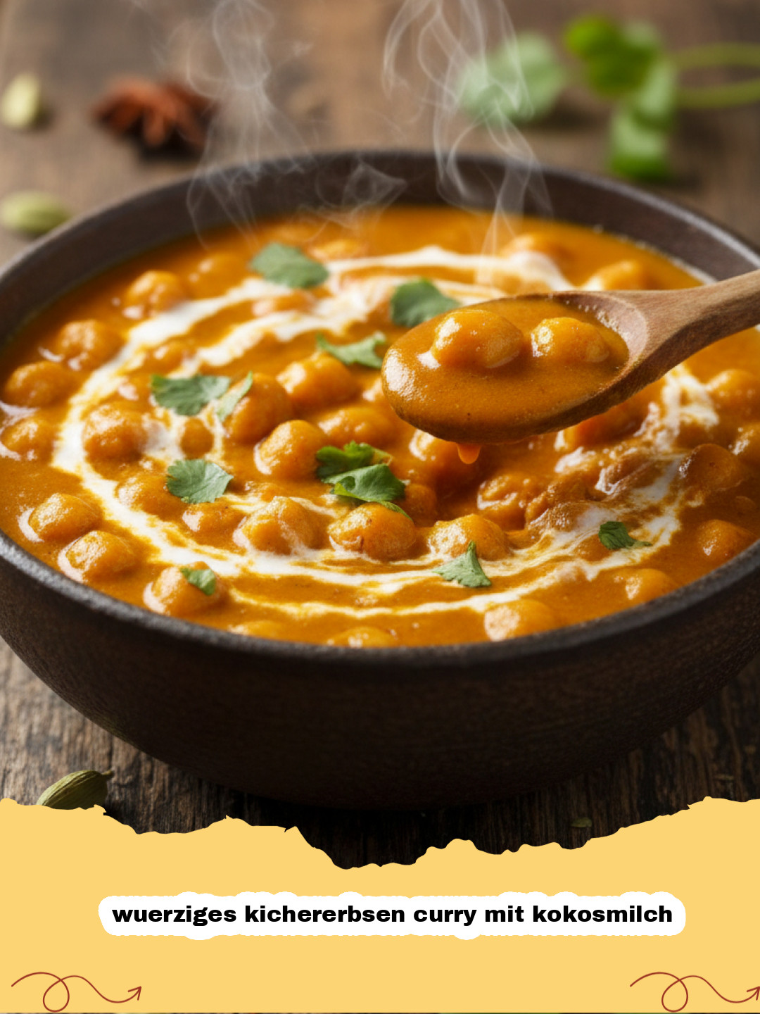 wuerziges kichererbsen curry mit kokosmilch - Ein dampfendes, würziges Kichererbsen Curry mit Kokosmilch in einer Schüssel, garniert mit frischem Koriander und serviert mit Reis.