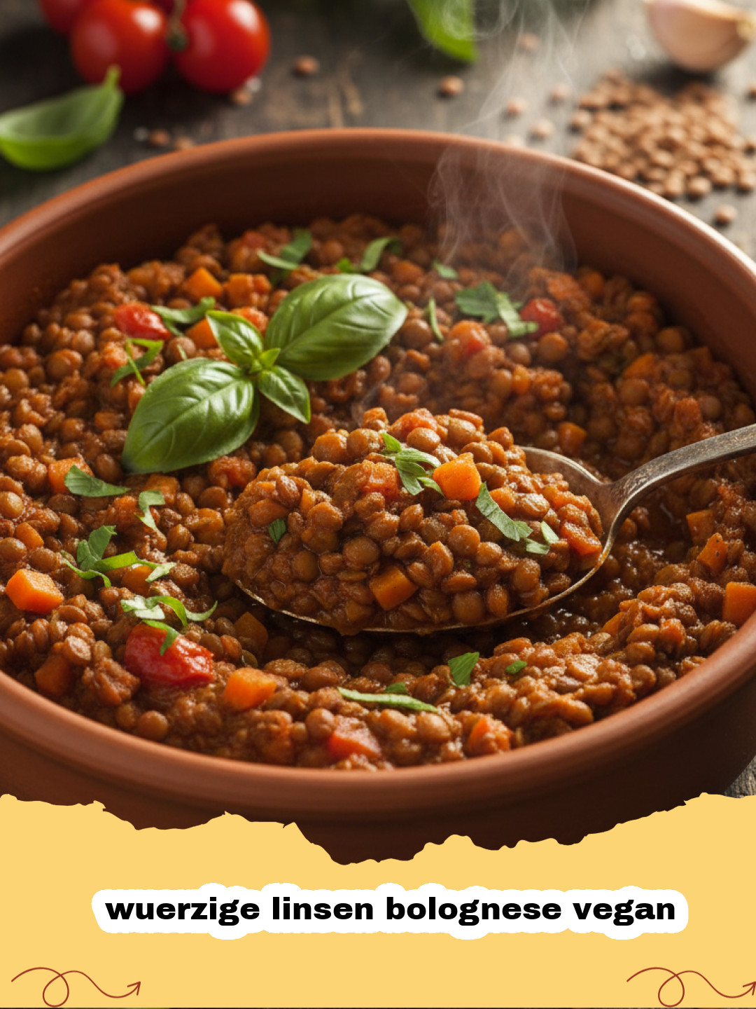 wuerzige linsen bolognese vegan - Teller mit würziger Linsen Bolognese vegan, serviert mit Spaghetti und frischem Basilikum