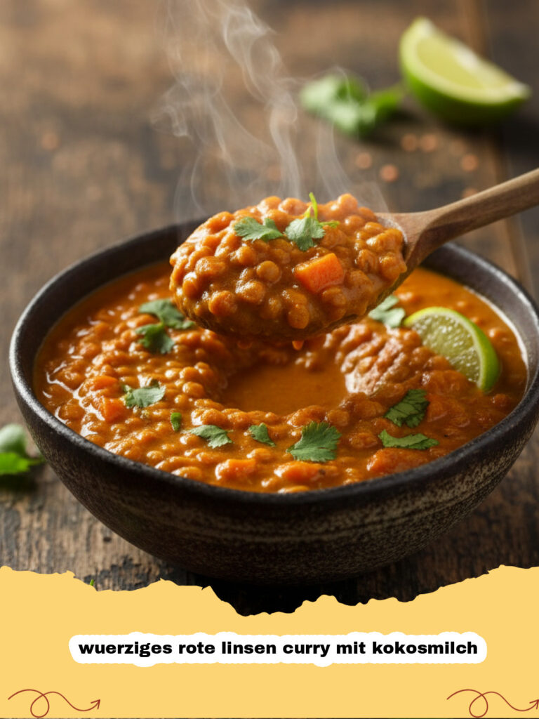 wuerziges rote linsen curry mit kokosmilch - Ein appetitlich angerichtetes würziges rote Linsen Curry mit Kokosmilch, garniert mit frischem Koriander und einer Limettenspalte, serviert in einer rustikalen Schale.