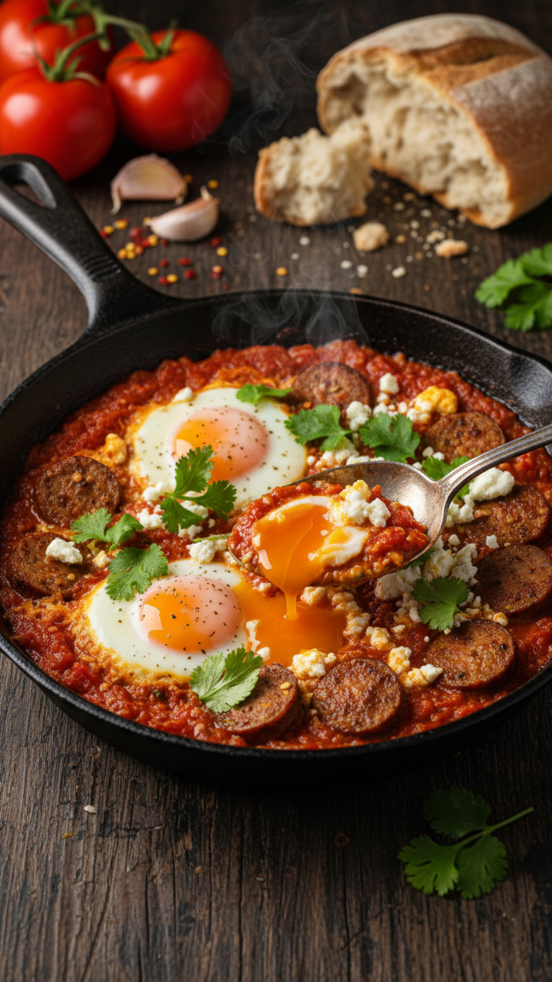 Würzige Shakshuka mit Hähnchen-Merguez und Feta Preparation