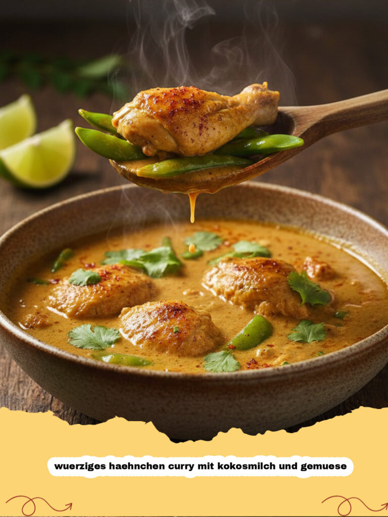 wuerziges haehnchen curry mit kokosmilch und gemuese - Ein dampfendes, würziges Hähnchen Curry mit Kokosmilch und Gemüse, serviert mit Basmatireis in einer Schale