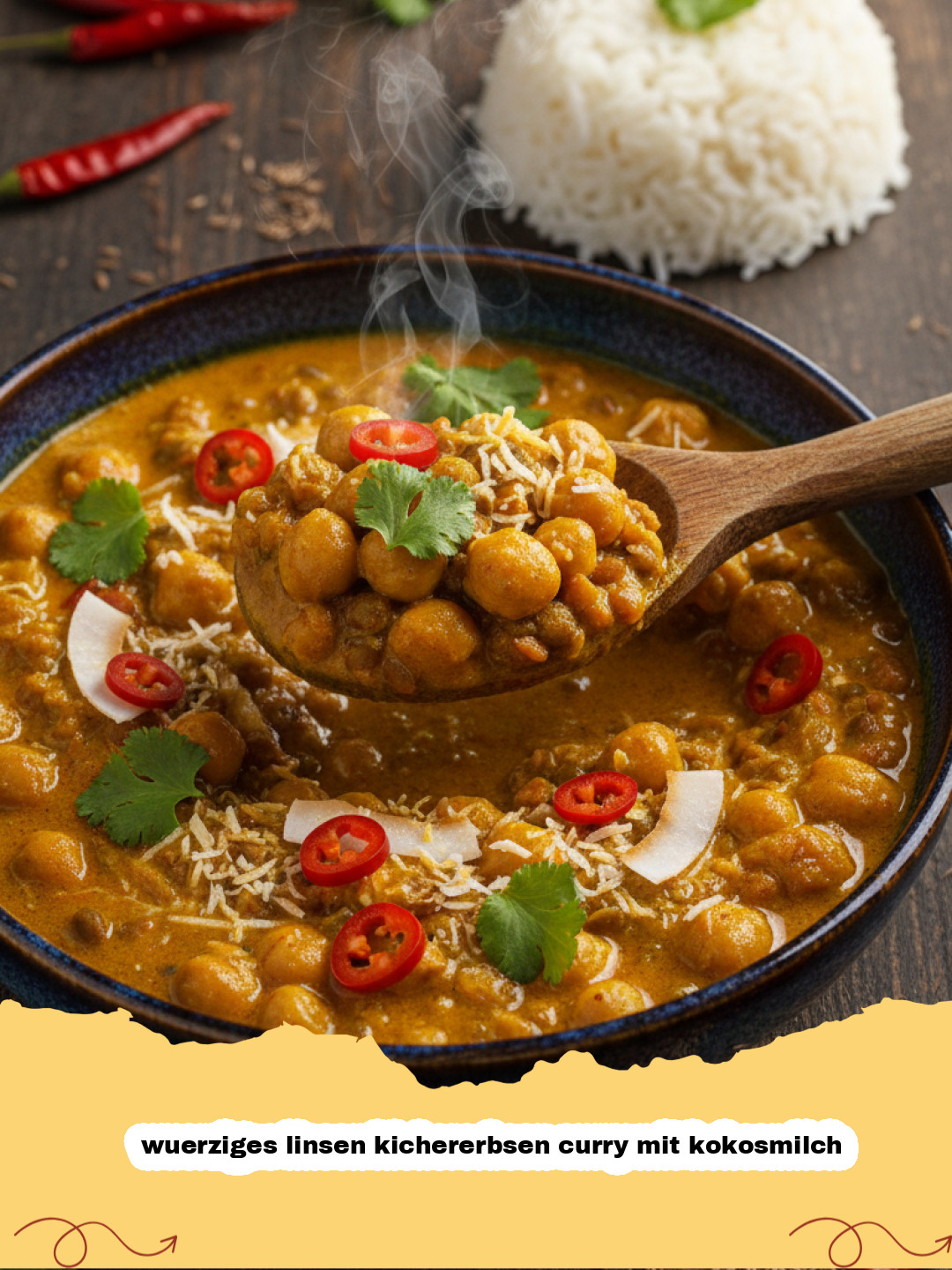 wuerziges linsen kichererbsen curry mit kokosmilch - Ein dampfendes, würziges Linsen Kichererbsen Curry mit Kokosmilch in einer Schüssel, garniert mit frischem Koriander und Limettenspalten, daneben Reis.