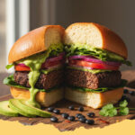 wuerzige schwarze bohnen burger mit avocado creme - Ein appetitlicher würziger schwarze Bohnen Burger mit goldbraunem Patty und einer großzügigen Schicht cremiger grüner Avocado Creme, angerichtet auf einem Burgerbrötchen mit frischem Salat und Tomate.