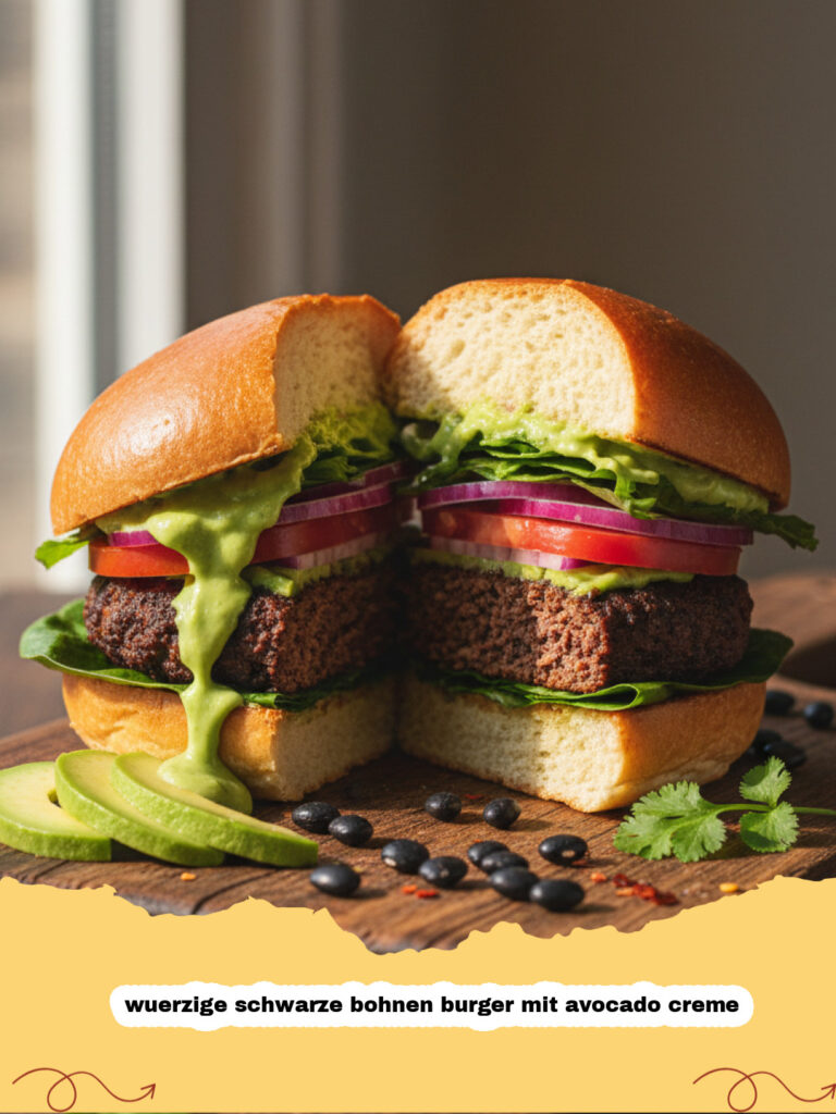 wuerzige schwarze bohnen burger mit avocado creme - Ein appetitlicher würziger schwarze Bohnen Burger mit goldbraunem Patty und einer großzügigen Schicht cremiger grüner Avocado Creme, angerichtet auf einem Burgerbrötchen mit frischem Salat und Tomate.
