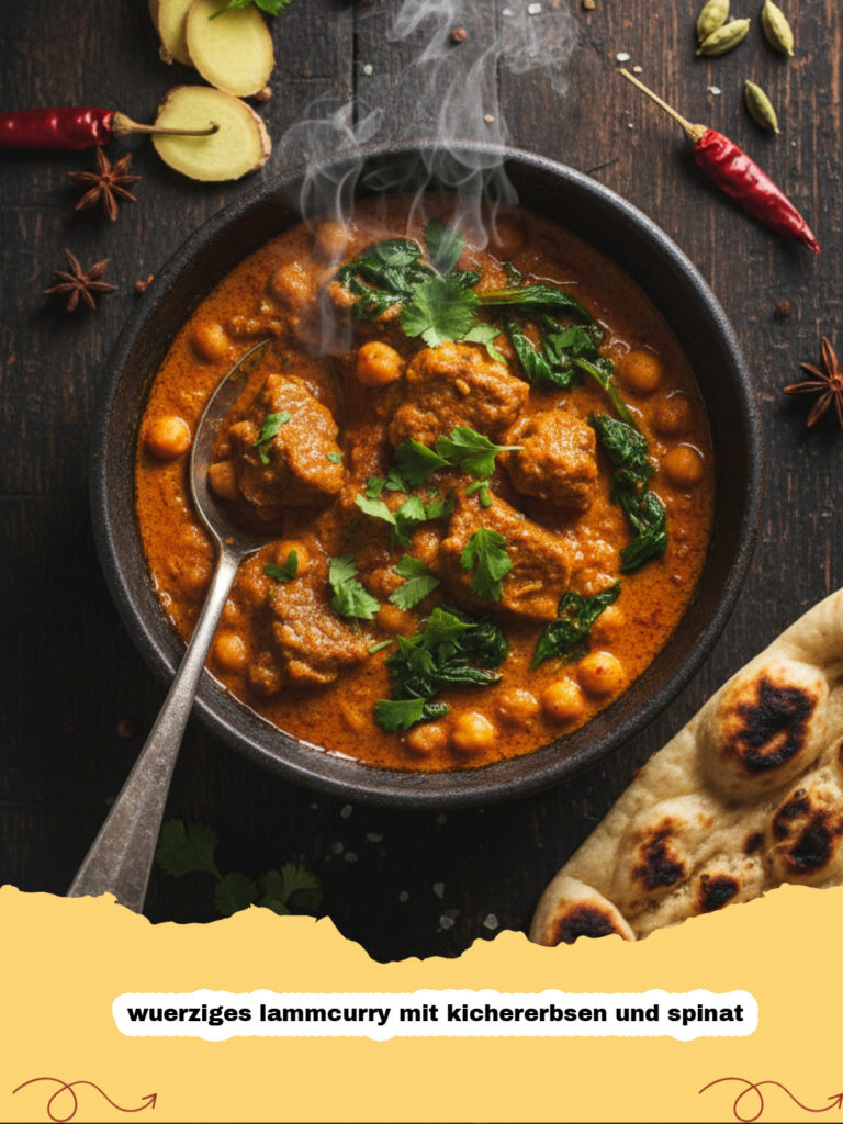 wuerziges lammcurry mit kichererbsen und spinat - Ein dampfendes, würziges Lammcurry mit Kichererbsen und Spinat, garniert mit frischem Koriander, serviert in einer tiefen Schale mit Basmatireis im Hintergrund.