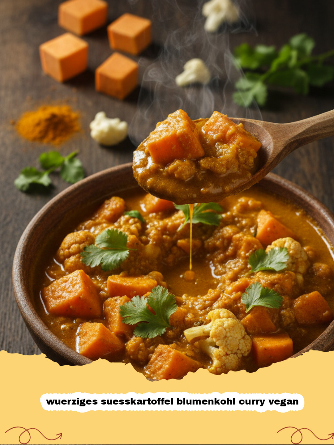 Ein Teller mit dampfendem wuerziges suesskartoffel blumenkohl curry vegan garniert mit Koriander