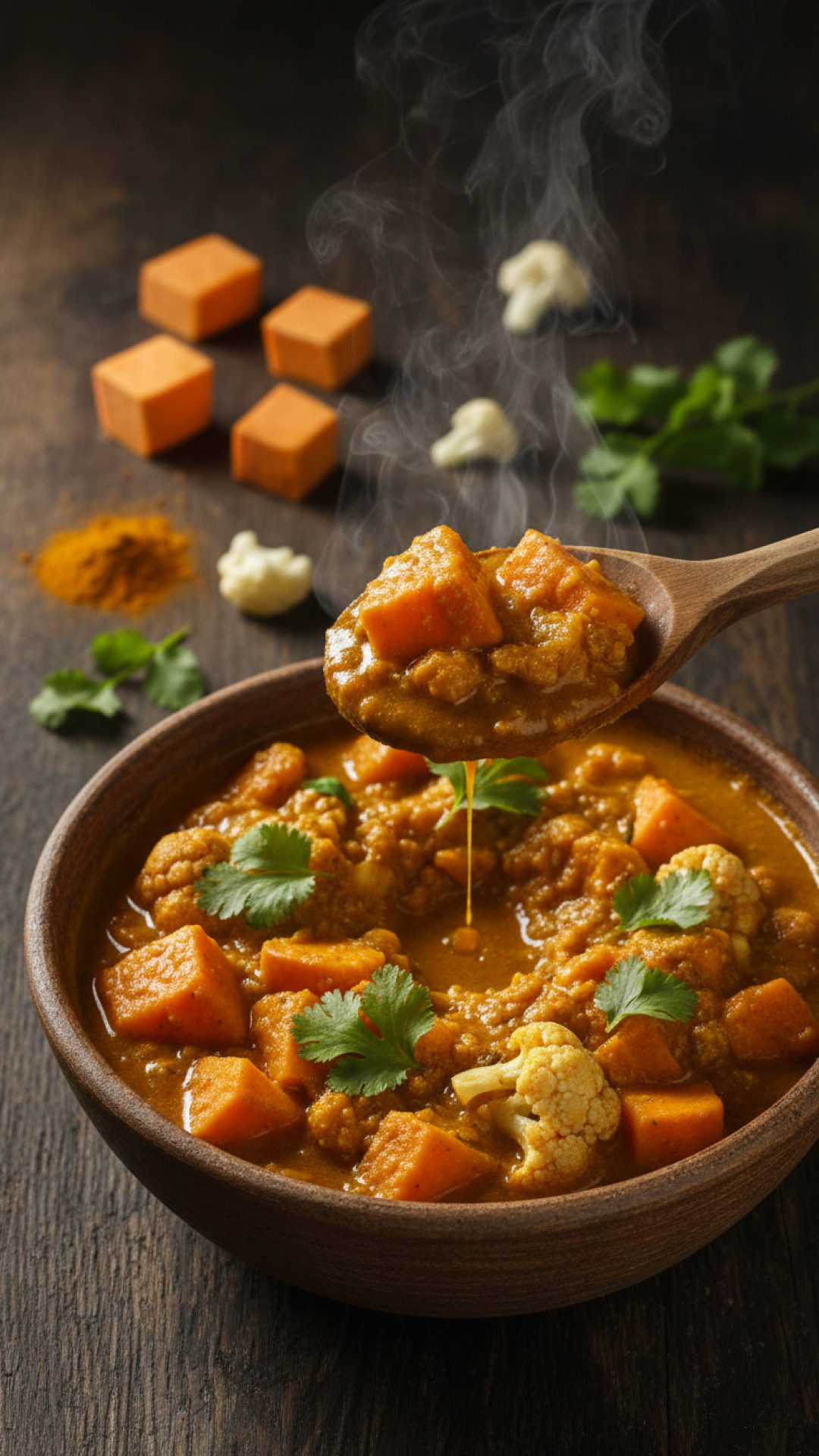 Würziges Süßkartoffel Blumenkohl Curry Vegan Preparation