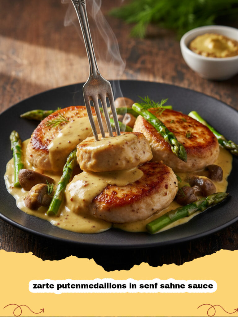 zarte putenmedaillons in senf sahne sauce - Teller mit zarten Putenmedaillons in cremiger Senf-Sahne-Sauce, bestreut mit frischen Kräutern, daneben Bandnudeln