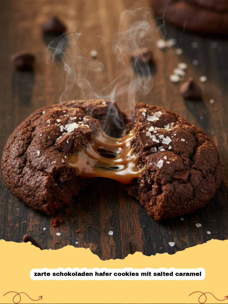 zarte schokoladen hafer cookies mit salted caramel - Nahaufnahme von zarten Schokoladen Hafer Cookies mit Salted Caramel, einige sind aufgebrochen und zeigen den flüssigen Karamellkern und Schokostückchen.