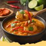 zartes haehnchen curry mit kokosmilch und gemuese - Ein appetitliches, zartes Hähnchen Curry mit Kokosmilch und knackigem Gemüse, garniert mit frischem Koriander in einer rustikalen Schale.