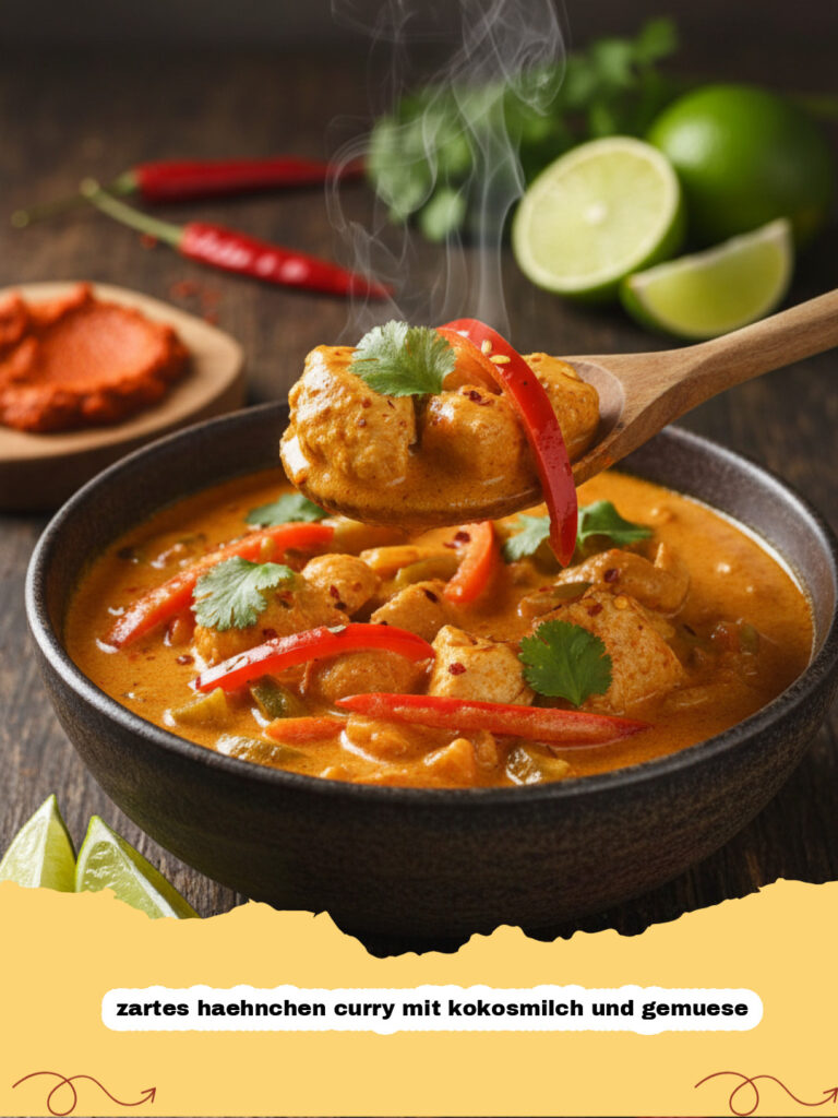 zartes haehnchen curry mit kokosmilch und gemuese - Ein appetitliches, zartes Hähnchen Curry mit Kokosmilch und knackigem Gemüse, garniert mit frischem Koriander in einer rustikalen Schale.