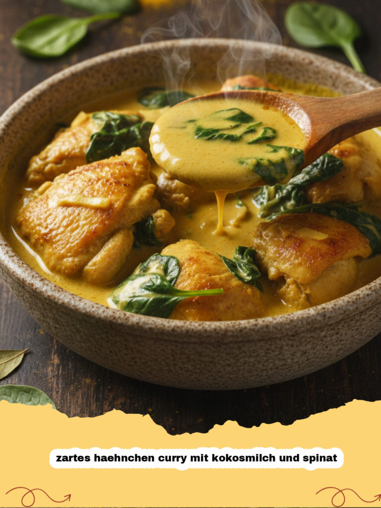 zartes haehnchen curry mit kokosmilch und spinat - Ein dampfendes zartes Hähnchen Curry mit Kokosmilch und Spinat in einer Schale, garniert mit frischem Koriander und Limettenspalten, daneben eine Portion Reis.