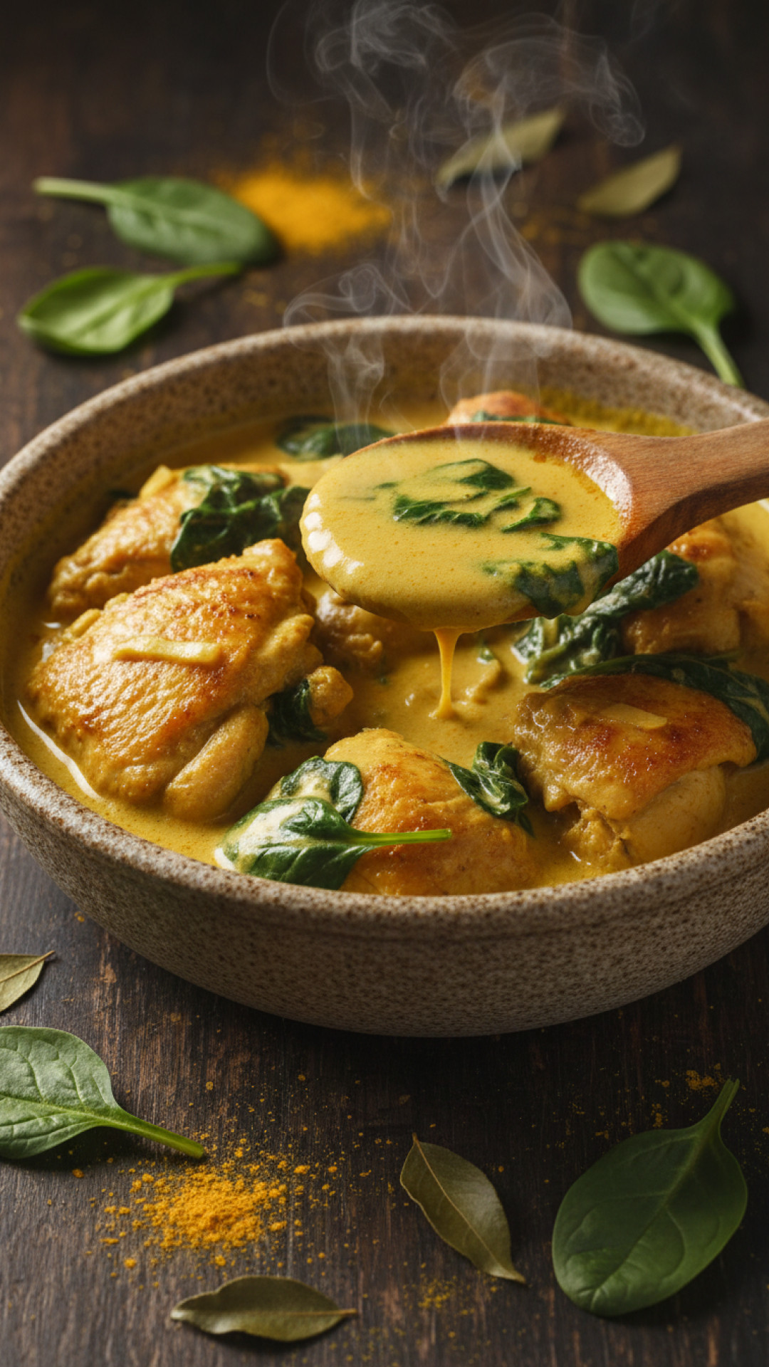 Zartes Hähnchen Curry mit Kokosmilch und Spinat Preparation