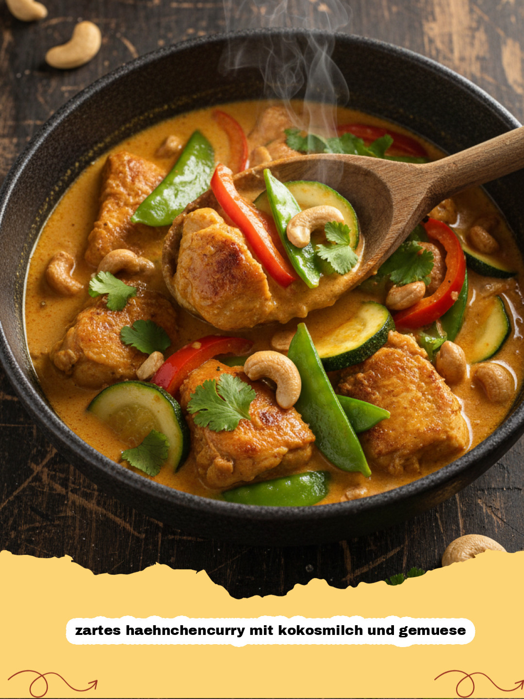 zartes haehnchencurry mit kokosmilch und gemuese - Ein appetitliches zartes Hähnchencurry mit Kokosmilch und Gemüse in einer Schale, garniert mit frischem Koriander und serviert mit Reis.