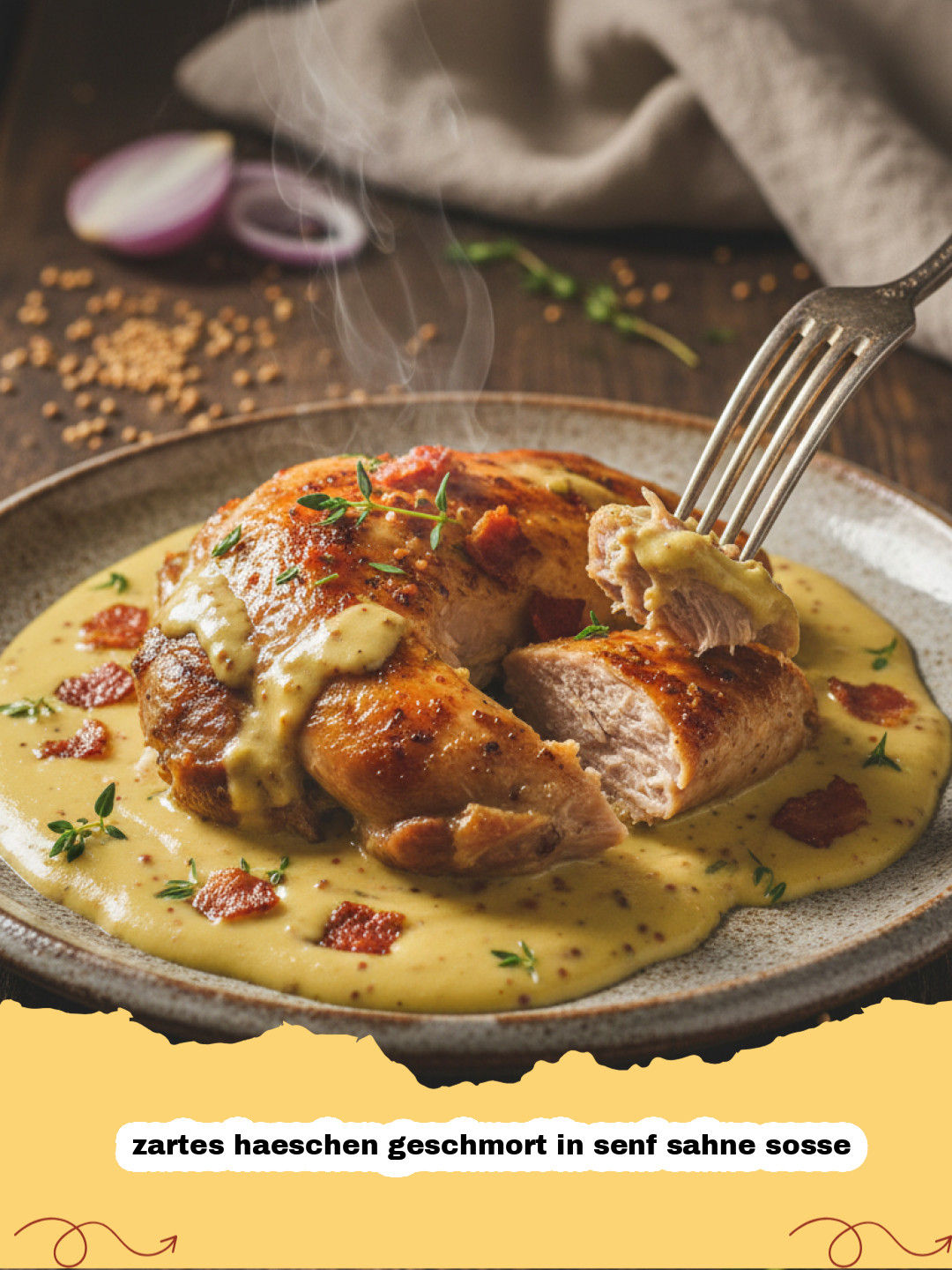 zartes haeschen geschmort in senf sahne sosse - Zartes Kaninchen geschmort in einer cremigen Senf-Sahne-Soße mit frischen Kräutern, serviert auf einem rustikalen Teller.