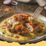 zartes haeschen geschmort in senf sahne sosse - Ein Teller mit zartem geschmortem Häschen in Senf-Sahne-Soße, garniert mit frischer Petersilie und dazu Spätzle.